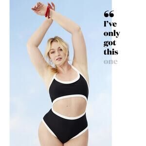 Aerie Pop Cut Out One Piece Swimsuit in Black Gray Size Large Ribbed Trim